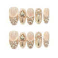Faux ongles à pression Amande Moyen Rose Doré Strass et Cristaux Lumineux - Faits main (Lot de 10)