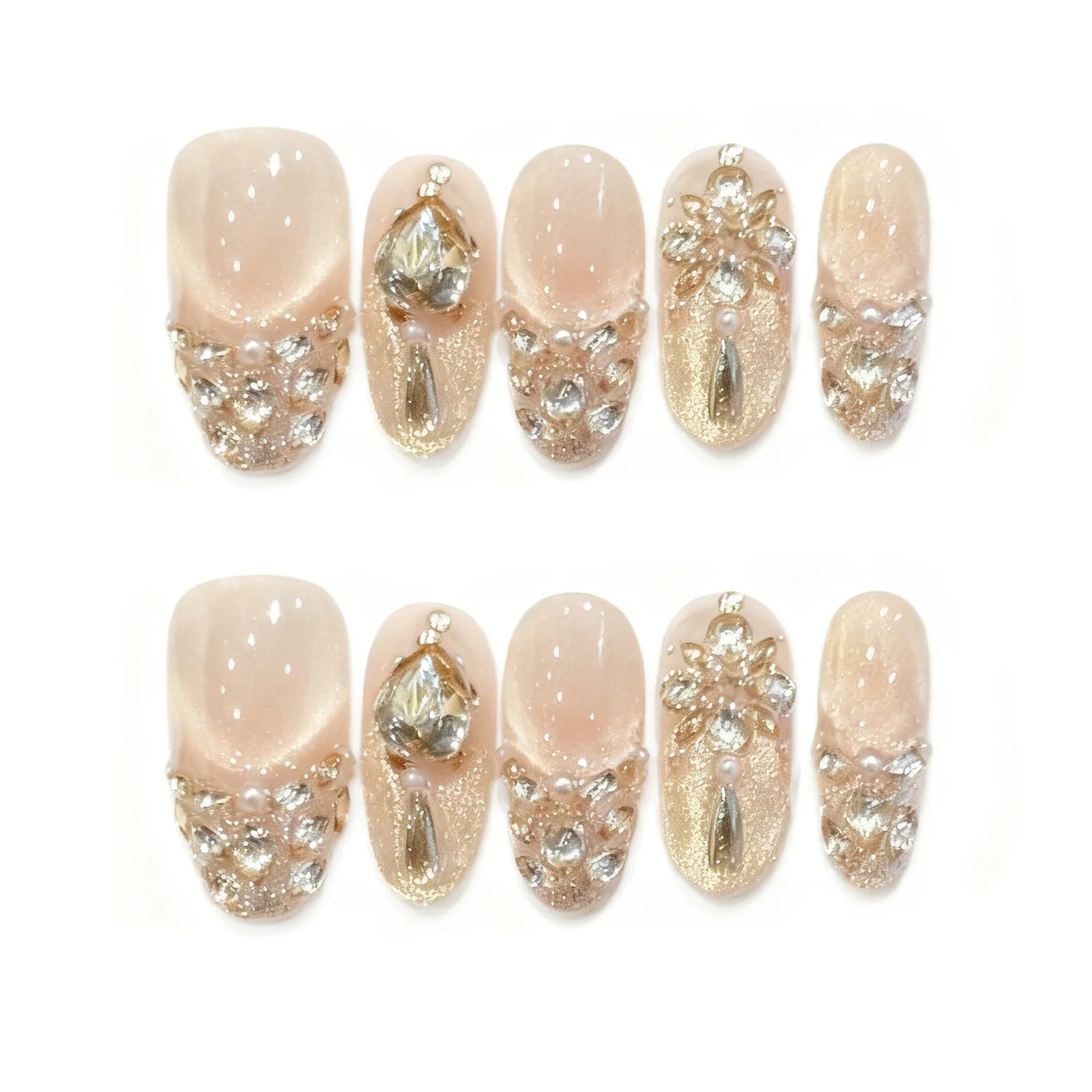 Faux ongles à pression Amande Moyen Rose Doré Strass et Cristaux Lumineux - Faits main (Lot de 10)
