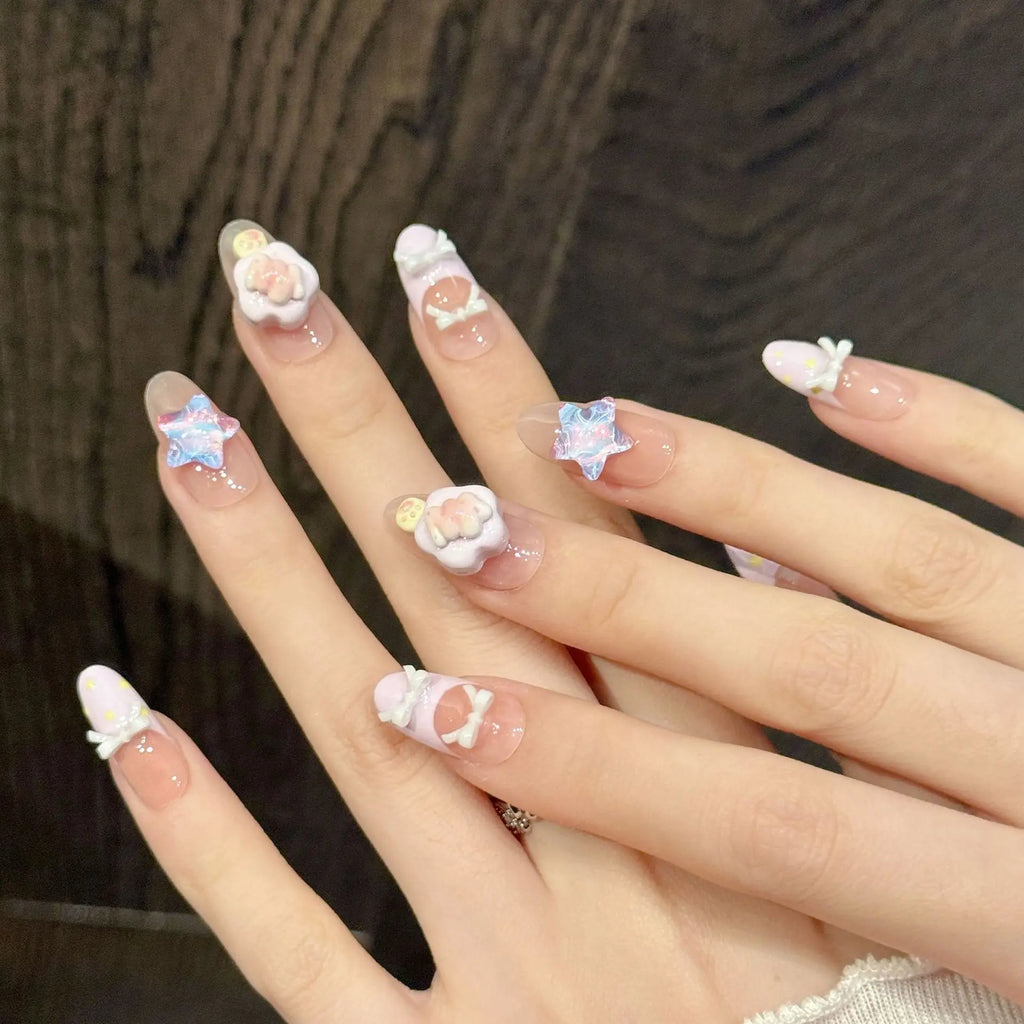 Faux ongles à pression Ovale Moyen Rose Violet Dégradé Sweet Vitality - Faits main (Lot de 10)