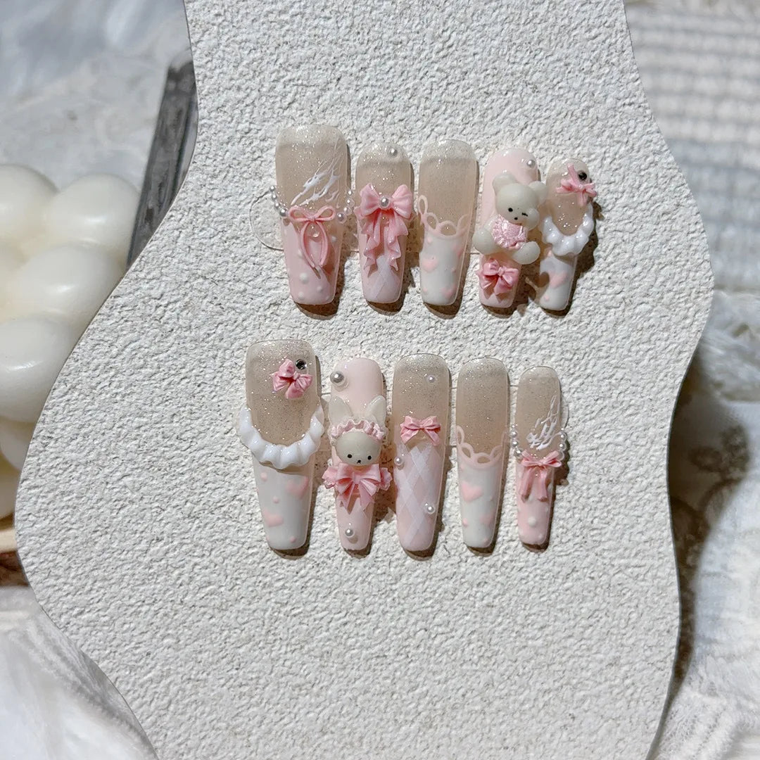 Faux ongles à pression Ballerine Long  Rose Nœud Ourson Style Coréen - Faits main (Lot de 10)