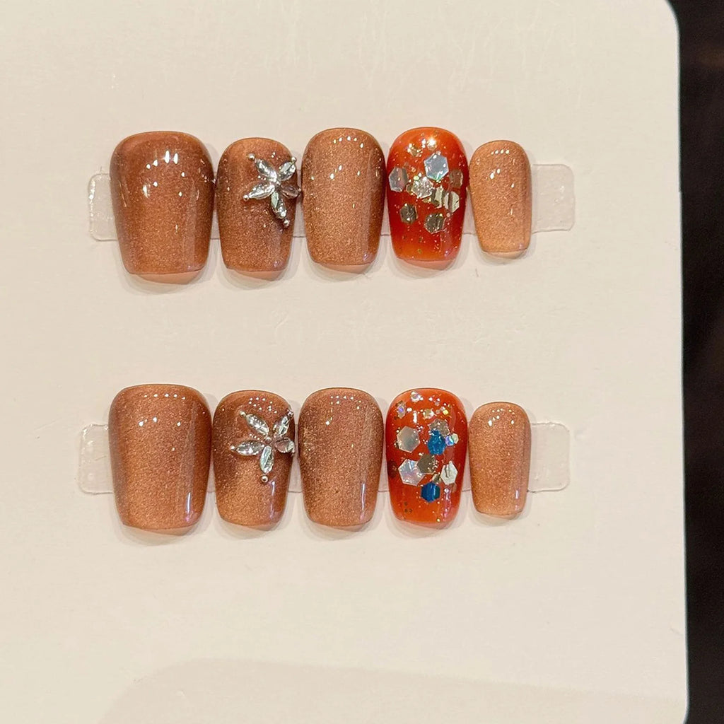 Faux ongles à pression Coffin Court Marron Effet Miroir Fleurs - Faits main (Lot de 10)