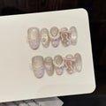 Faux ongles à pression Ovale Moyen Rose Doré Dégradé Nœud Perles Nacrées - Faits main (Lot de 10)