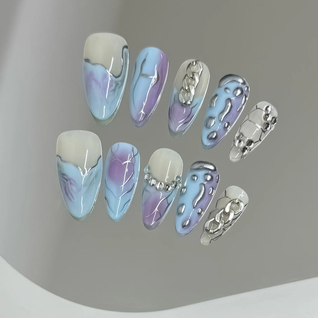 Faux ongles à pression Amande Moyen Argenté Étoiles Style Punk Y2K - Faits main (Lot de 10)