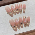 Faux ongles à pression Ovale Long Nude Rose Papillon Feuilles Dorées - Faits main (Lot de 10)