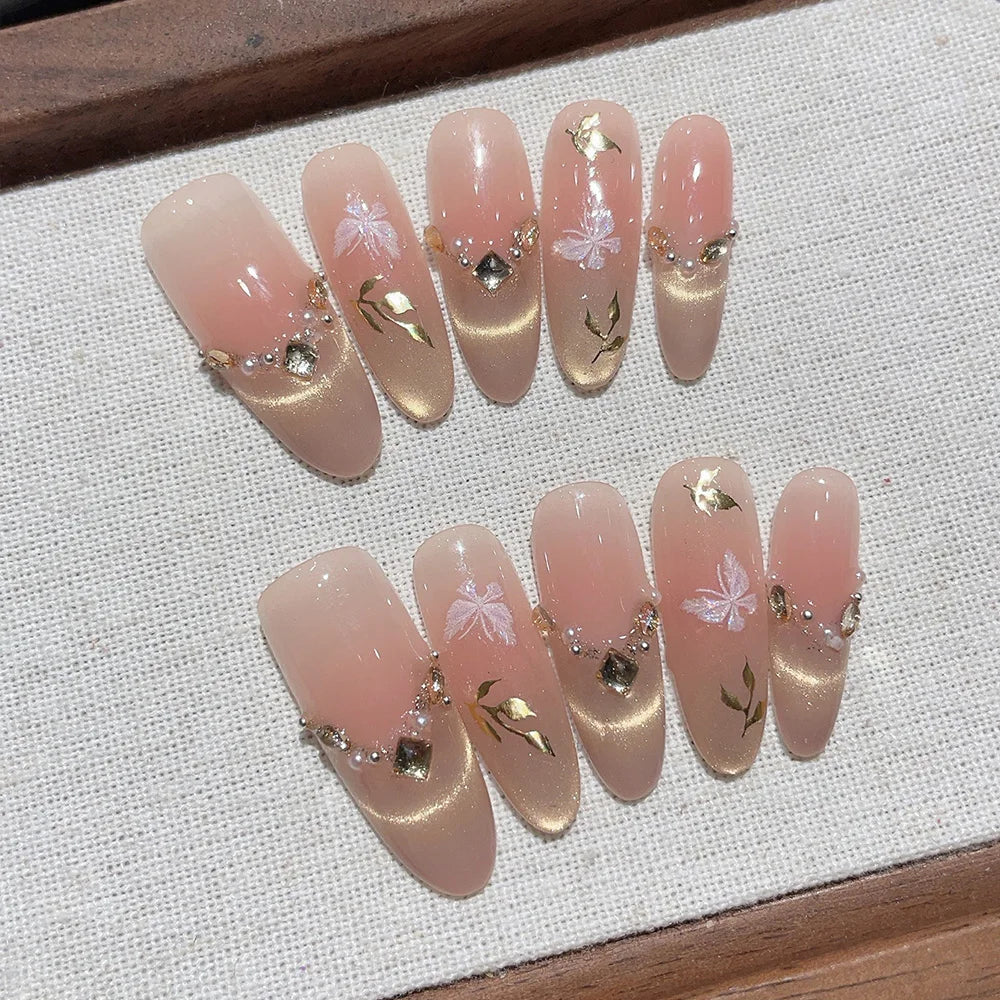 Faux ongles à pression Ovale Long Nude Rose Papillon Feuilles Dorées - Faits main (Lot de 10)