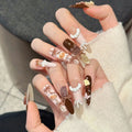 Faux ongles à pression Stiletto Long Brun Ballet Poudré Automnal Œil de Chat - Faits main (Lot de 10)
