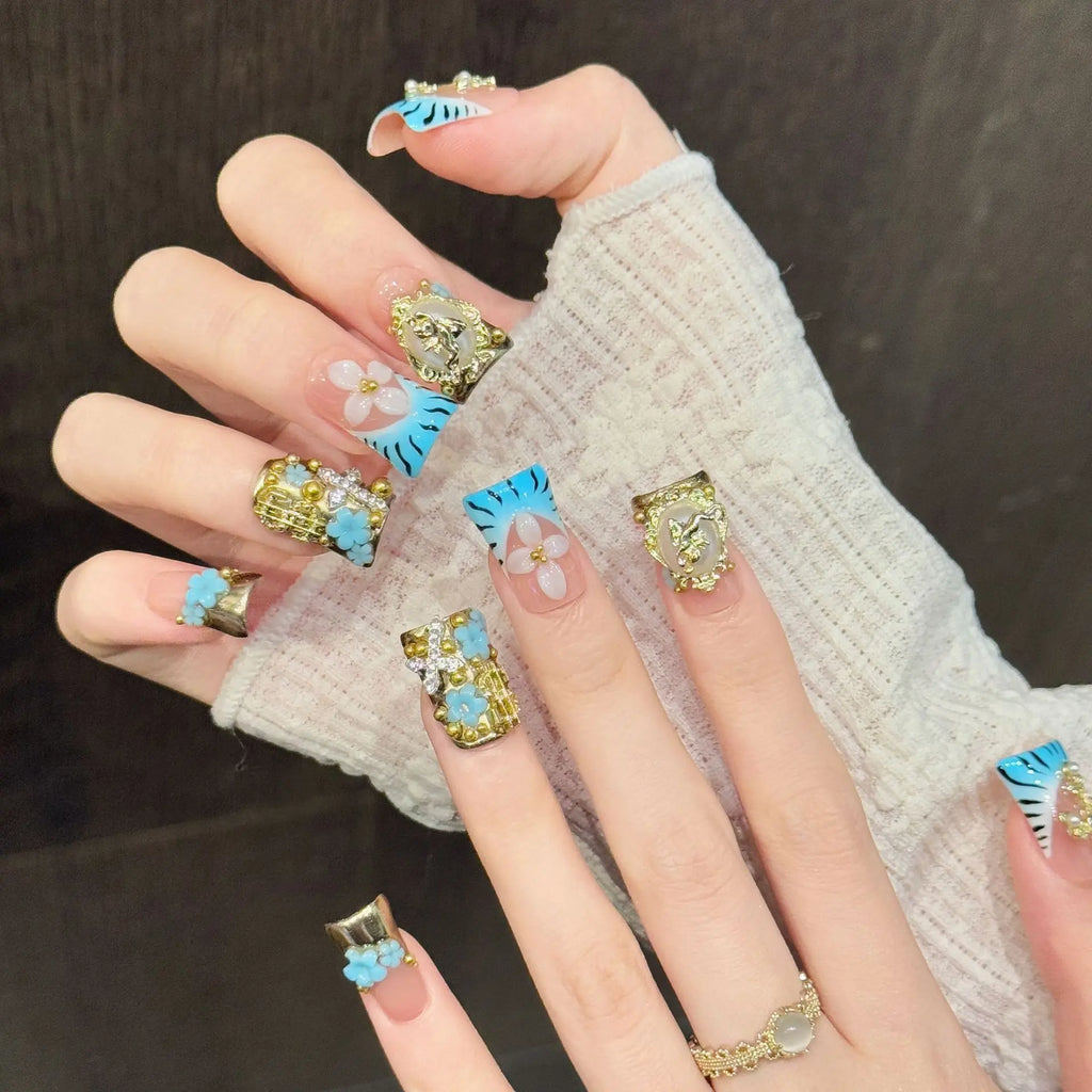 Faux ongles à pression Duck Moyen Bleu Marine Doré Rayures Vintage - Faits main (Lot de 10)