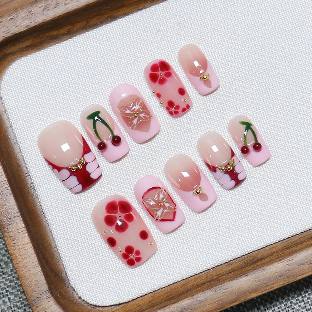 Faux ongles à pression Rose Cerise Fleur Rouge Strass – Faits main (Lot de 10)