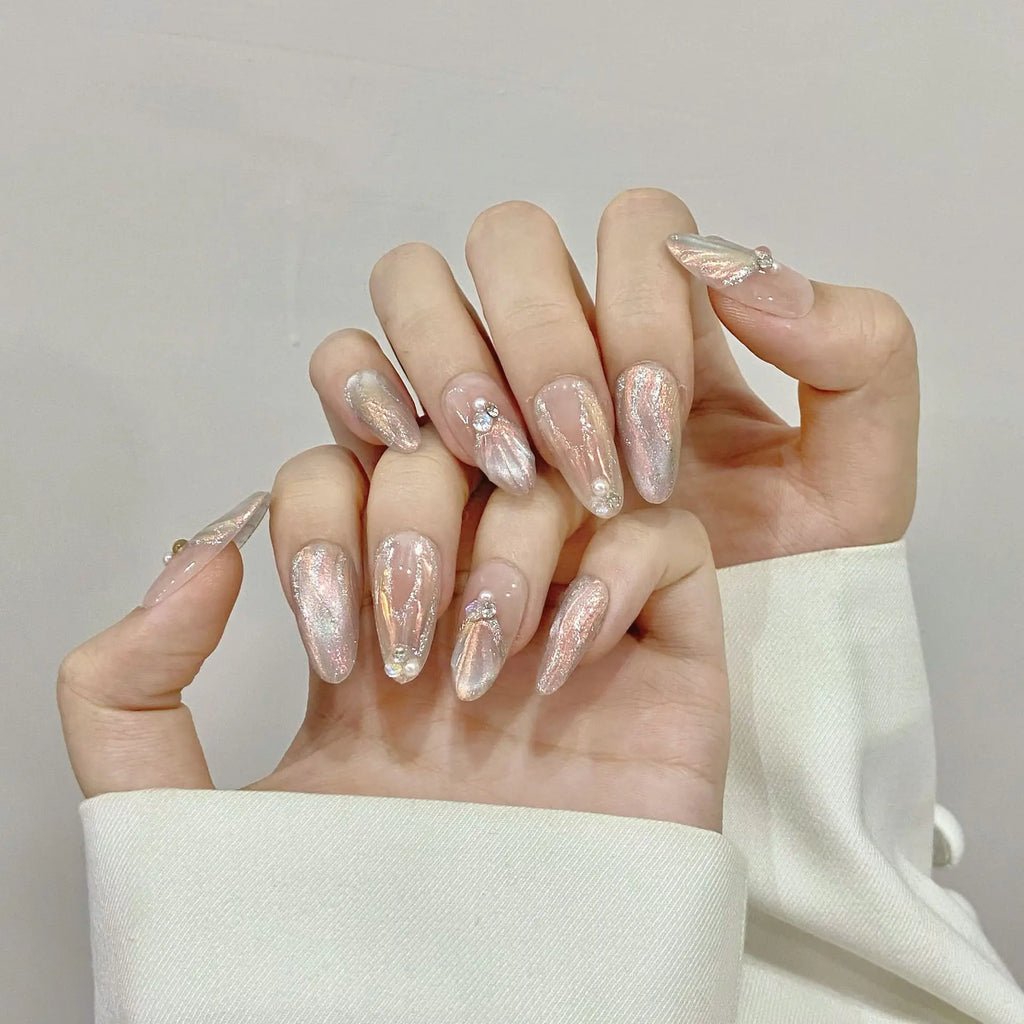 Faux ongles à pression Amande Moyen Bleu Poudré Brillant Queue de Poisson - Faits main (Lot de 10)