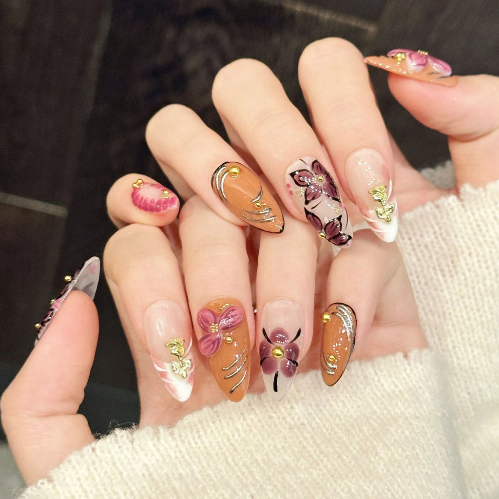 Faux ongles à pression Amande Moyen Pétales Sculptés 3D - Faits main (Lot de 10)