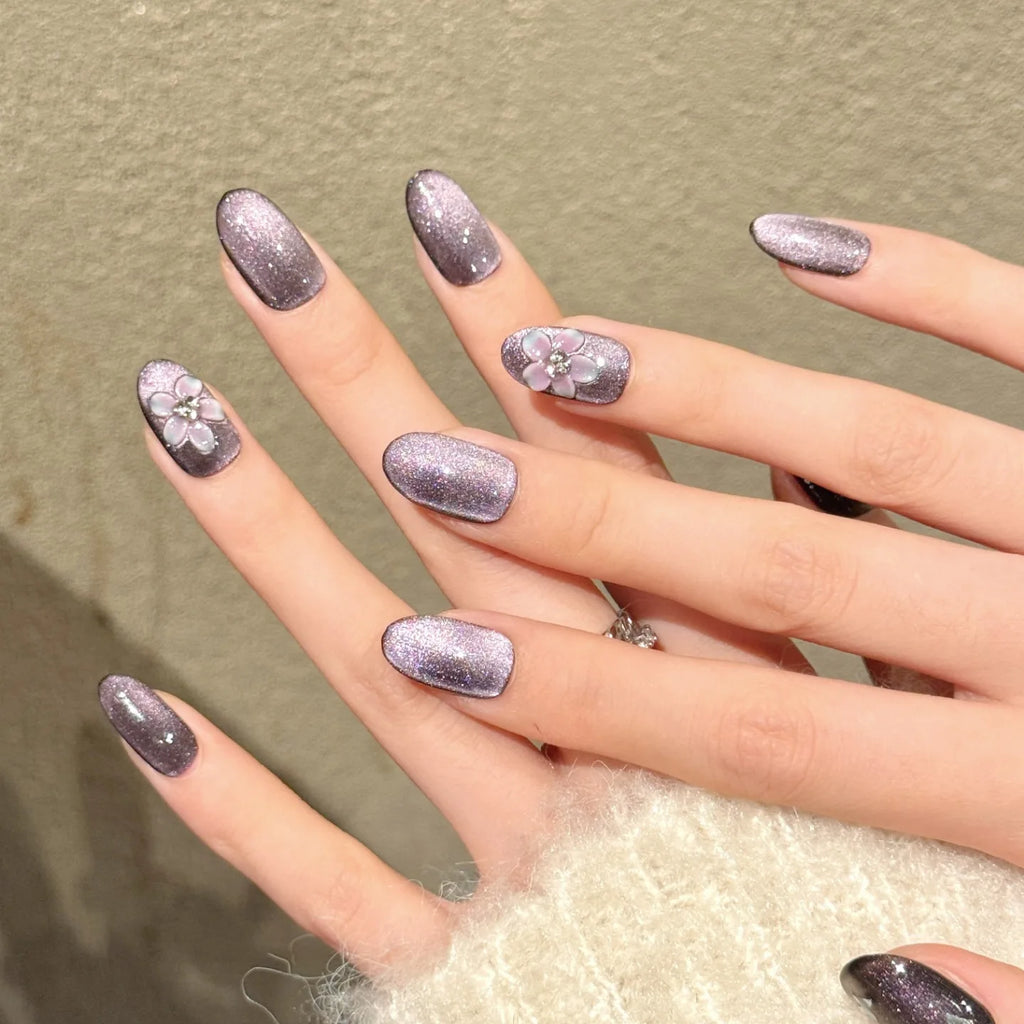 Faux ongles à pression Ovale Violet Effet Miroir Fleurs Papillons - Faits main (Lot de 10)