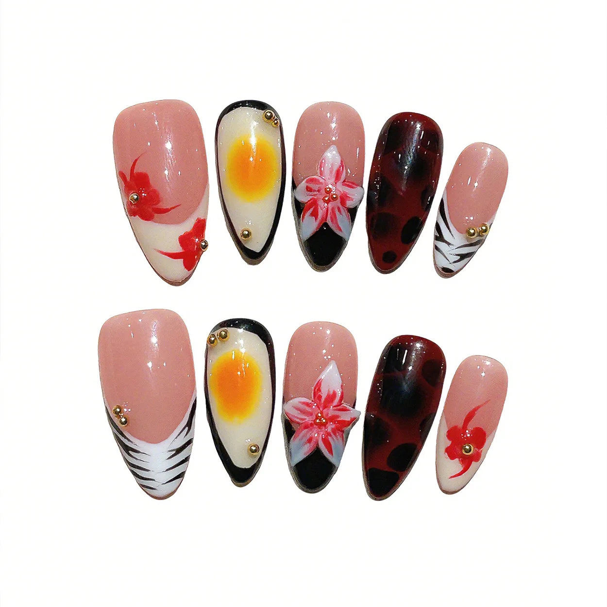 Faux ongles à pression Amande Moyen Rose Blanc Fleurs Sculptées Sweet Cool - Faits main (Lot de 10)
