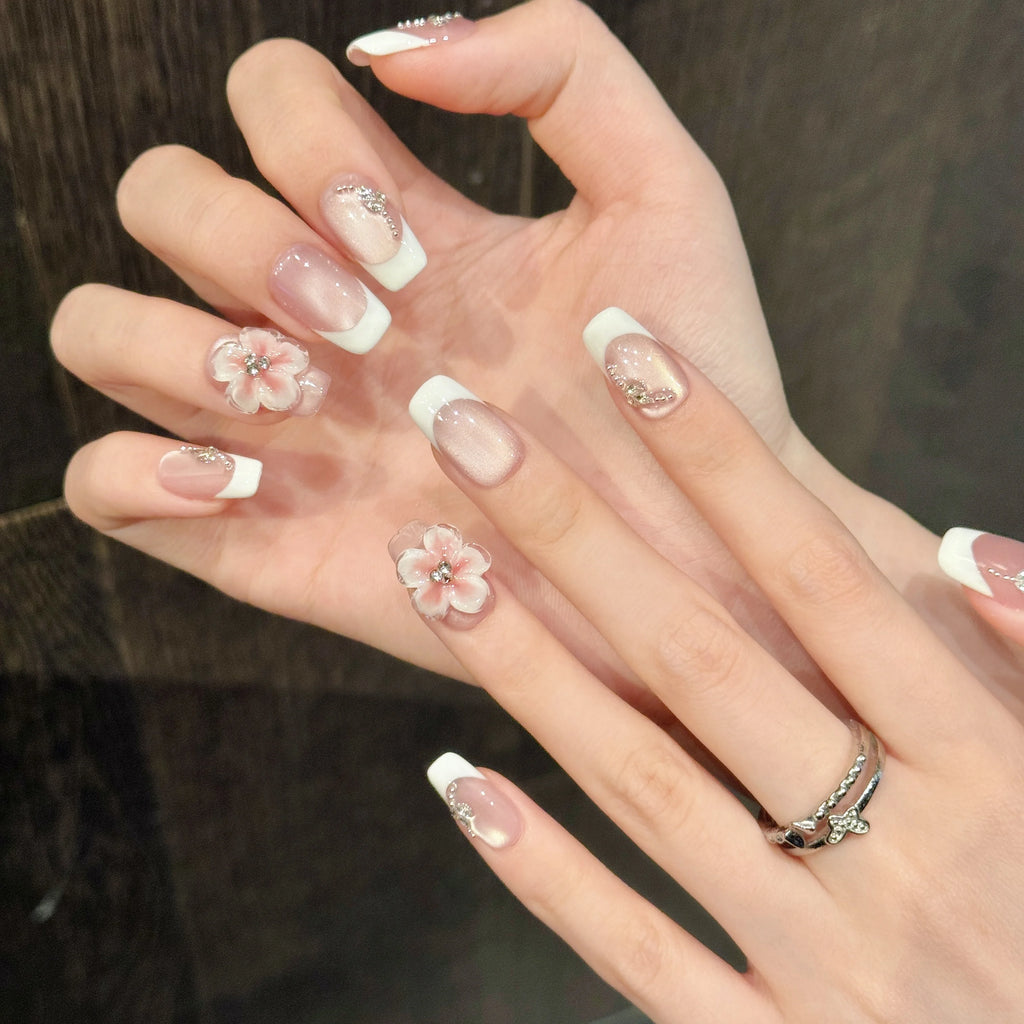 Faux ongles à pression Carré - Ovale Long French Sculptée 3D Œil de Chat - Faits main (Lot de 10)
