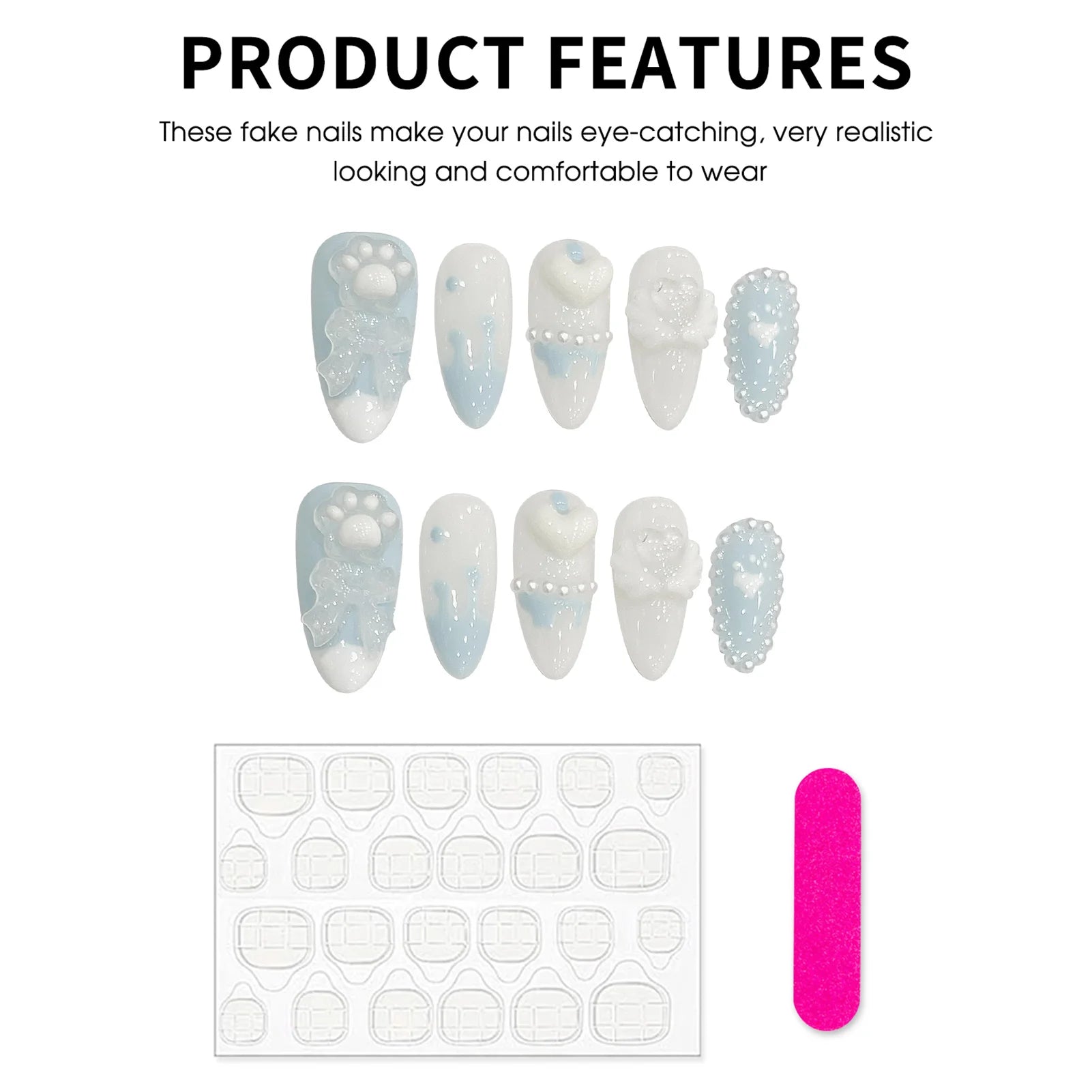 Faux ongles à pression Amande Bleu Nœud et Cœur 3D - Faits main (Lot de 10)