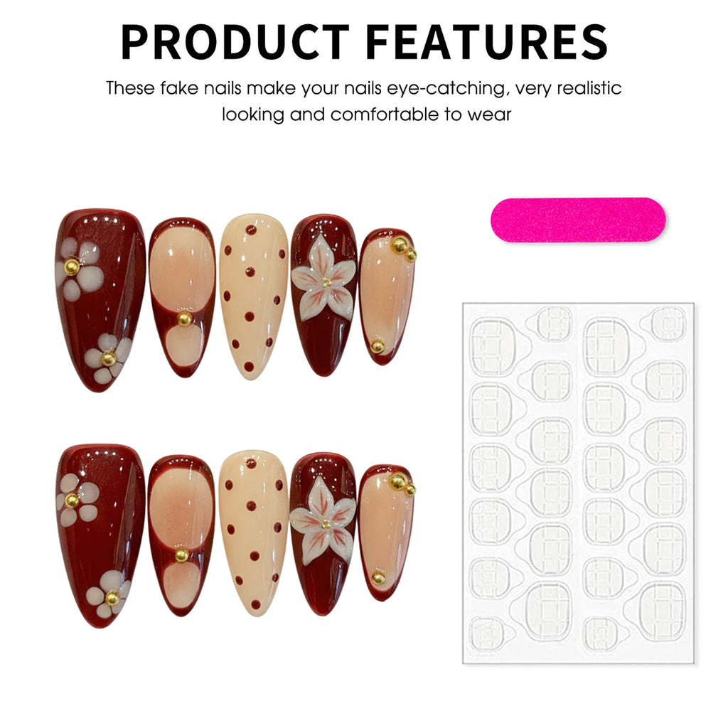 Faux ongles à pression Amande Bordeaux Pois Blancs Sculptés - Faits main (Lot de 10)