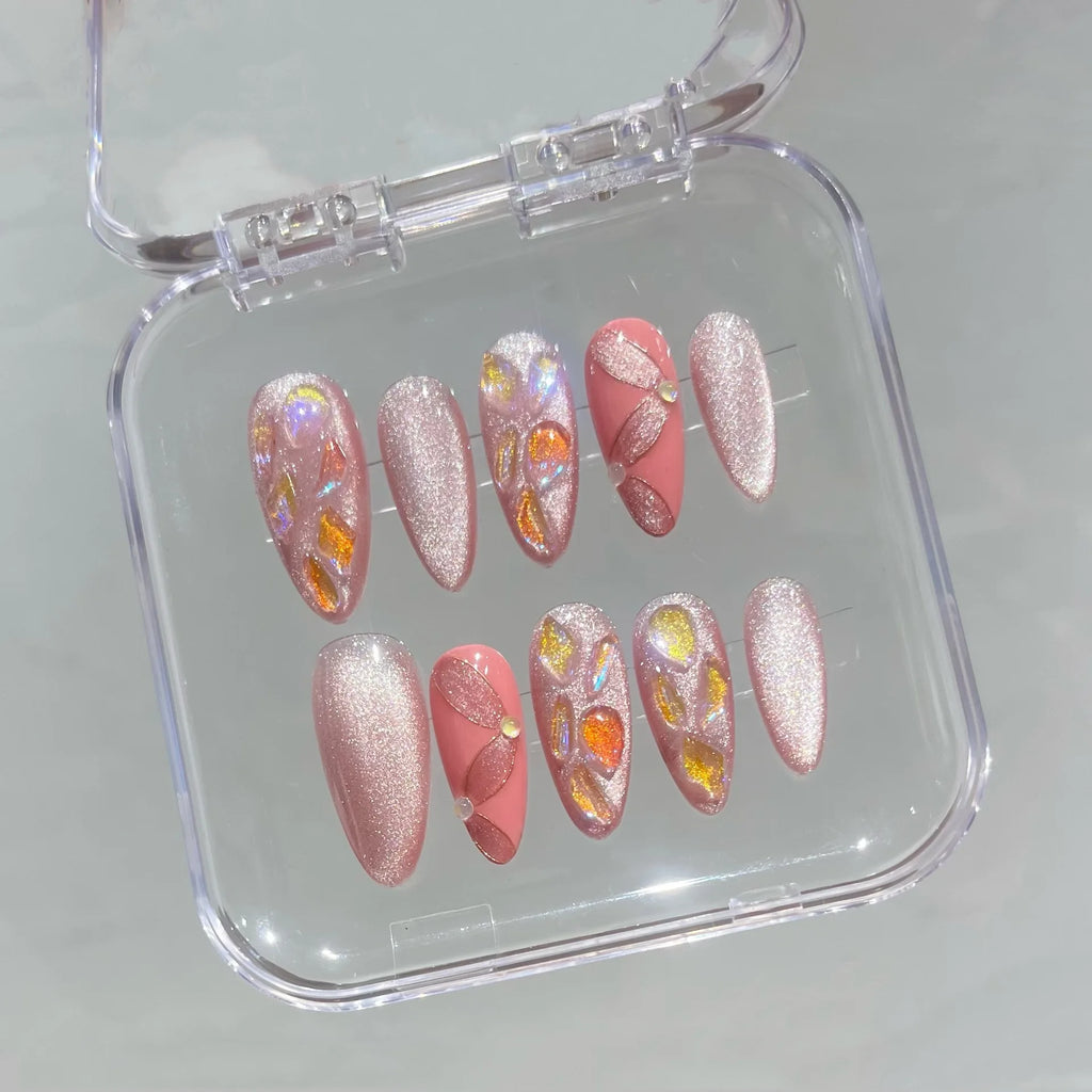 Faux ongles à pression Amande Moyen Rose Effet Miroir Strass - Faits main (Lot de 10)