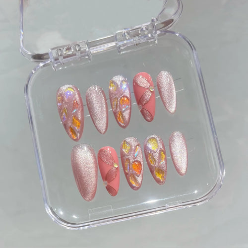Aufdrückbare Kunstnägel, Mandelform, mittel, Rosa, Spiegeleffekt, Strass – Handgefertigt (10 Stück)