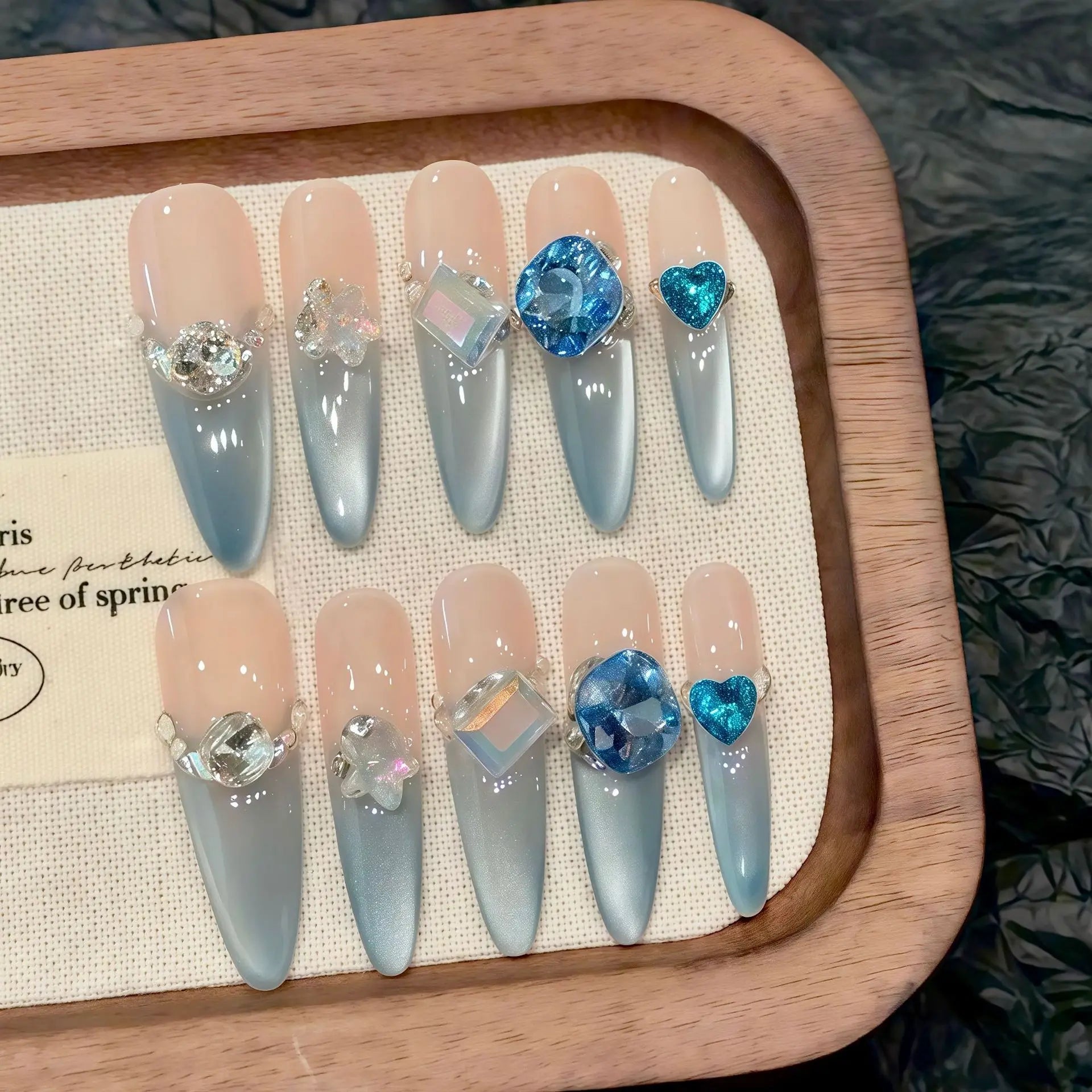 Faux ongles à pression Stiletto Bleu Turquoise French Strass - Faits main (Lot de 10)
