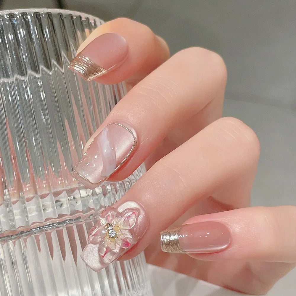 Faux ongles à pression Rose Nacré Fleur Transparente Strass - Ballerine – Faits main (Lot de 10)