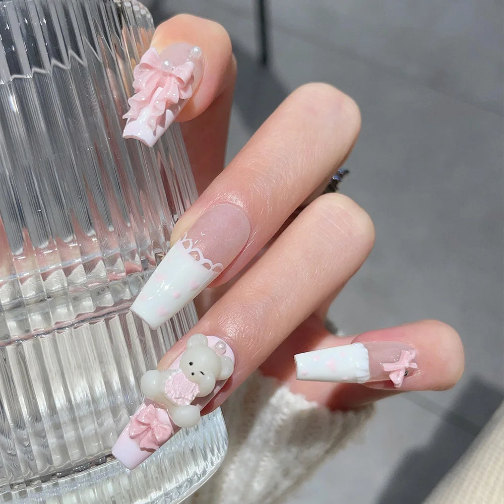 Faux ongles à pression Blanc Rose Ourson Nœud – Ballerine - Faits main (Lot de 10)
