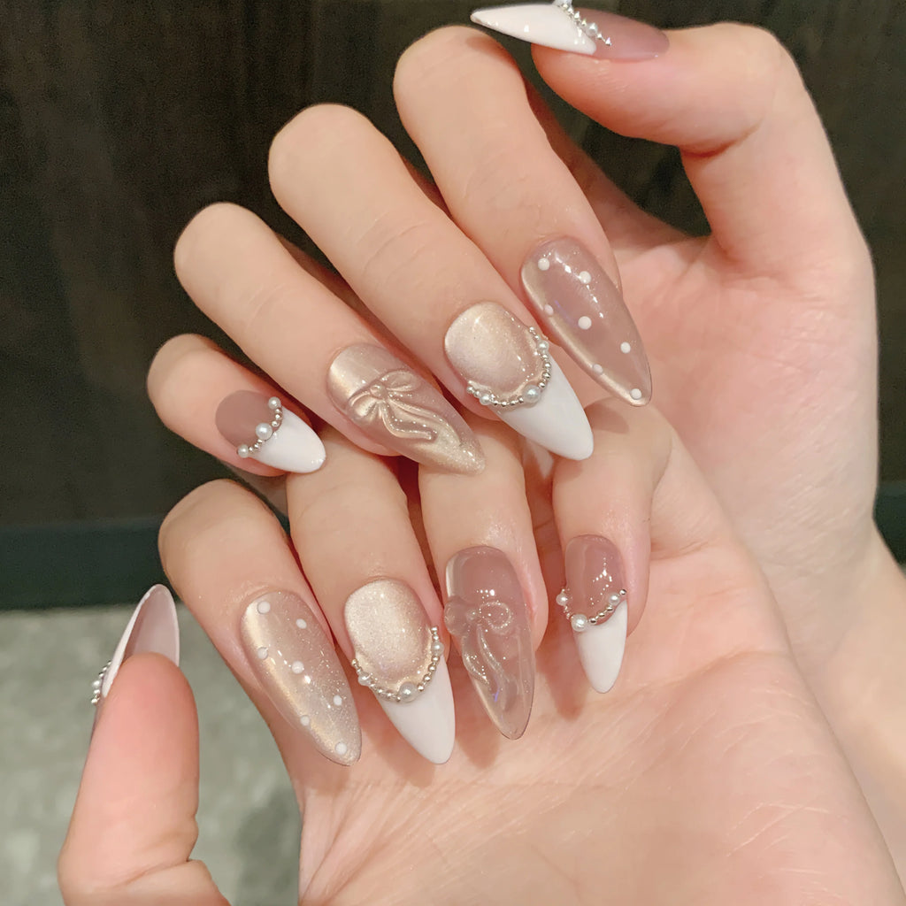 Faux ongles à pression Amande Moyen Rose Rêve Œil de Chat Féerique Romantique - Faits main (Lot de 10)