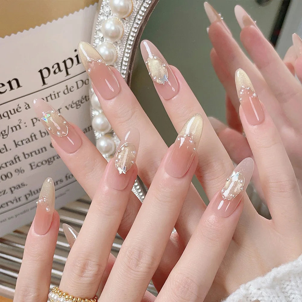 Faux ongles à pression Ovale Long Rose Doré Papillon Enivrant Noble - Faits main (Lot de 10)