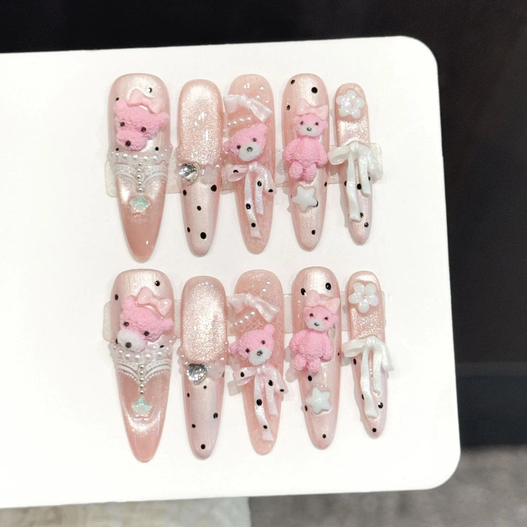 Faux ongles à pression Stiletto Long Ourson Cartoon Kawaii Sucré Pastel - Faits main (Lot de 10)