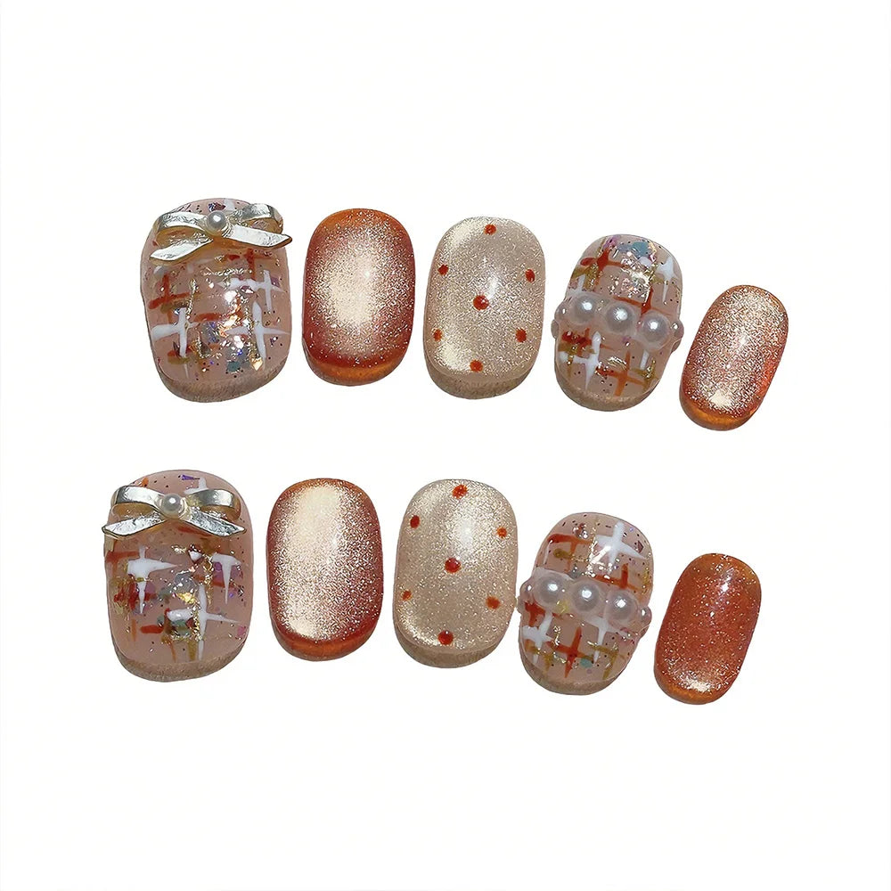Faux ongles à pression Ovales Corail Doré Tweed Perle Nœud – Faits main (Lot de 10)