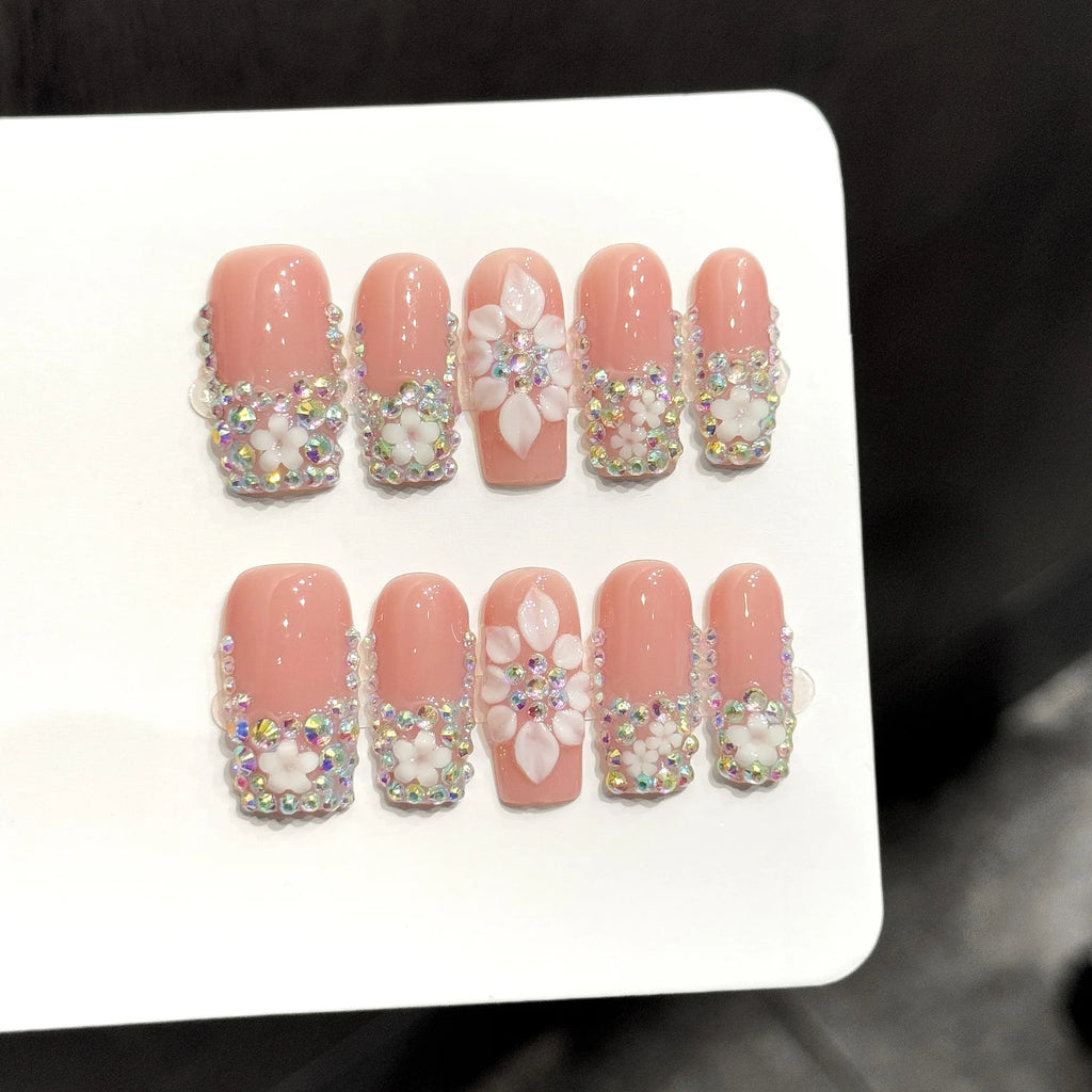 Faux ongles à pression Carré Long Nude Rose Sculpté 3D Diamants Luxe - Faits main (Lot de 10)