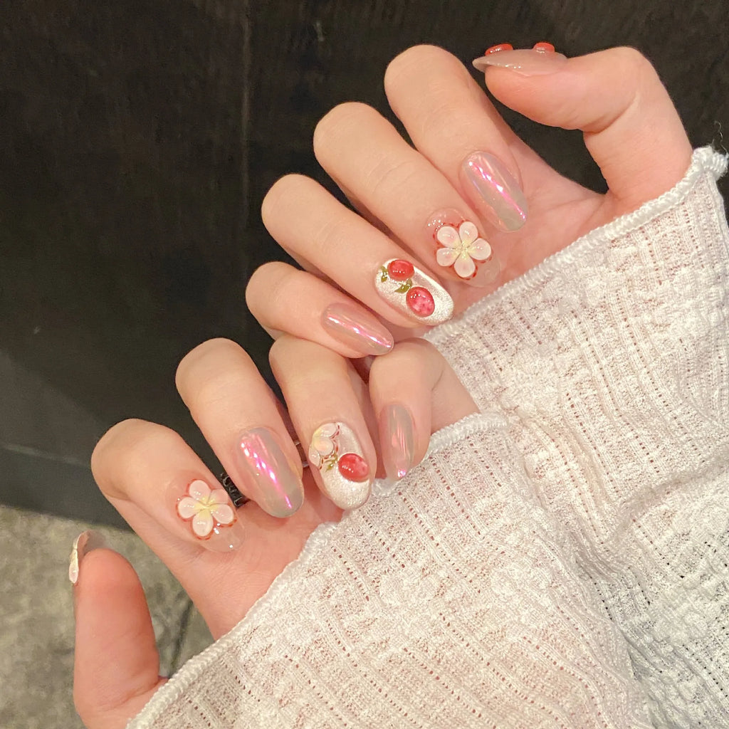 Faux ongles à pression Ovale Moyen Fraise 3D Pincée Main Fleurs Peintes - Faits main (Lot de 10)