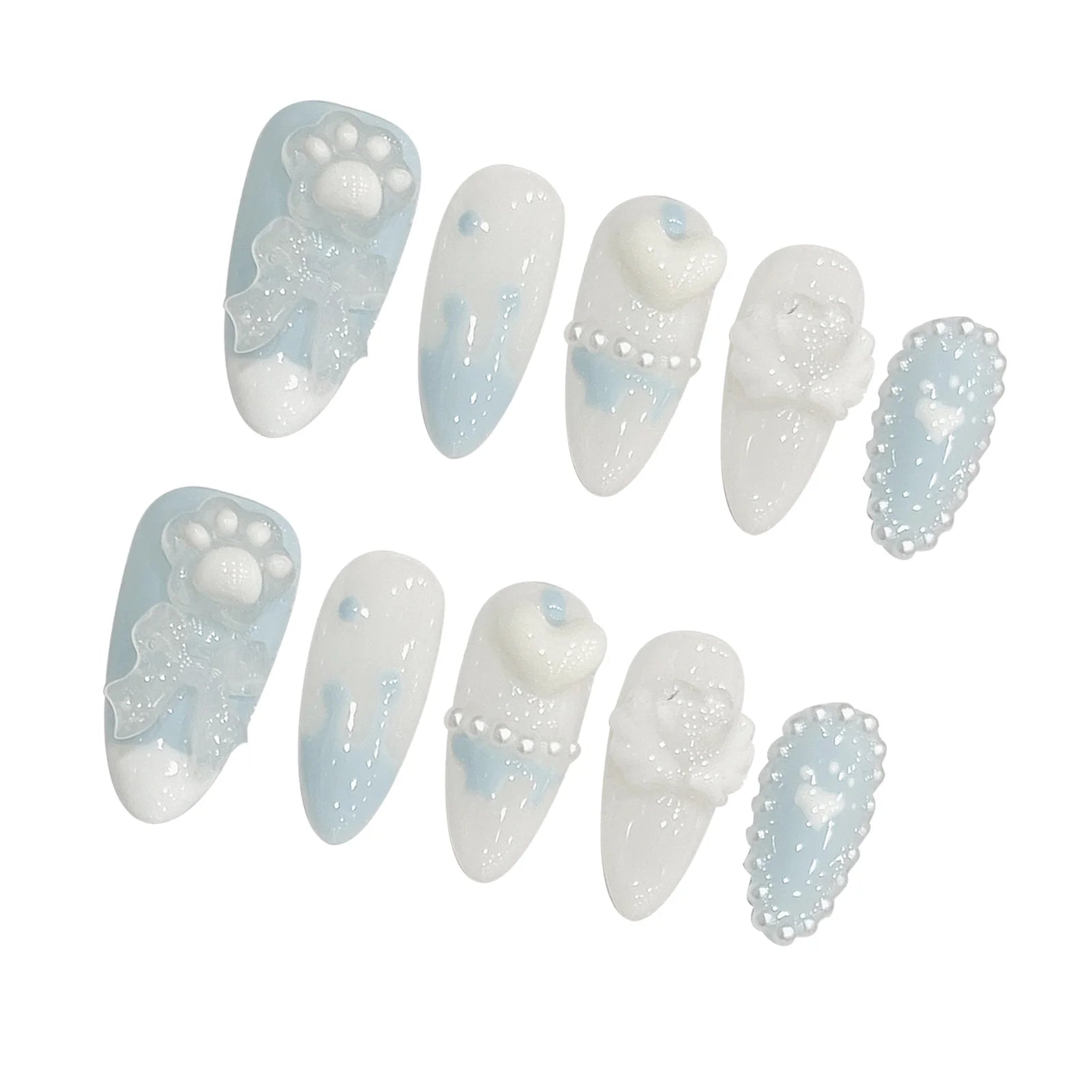 Faux ongles à pression Amande Bleu Nœud et Cœur 3D - Faits main (Lot de 10)