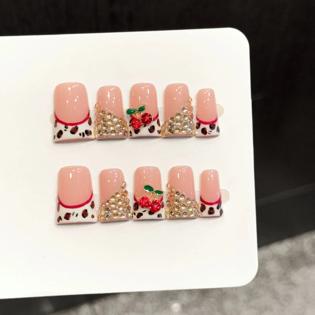 Faux ongles à pression Duck Moyen Beige Rosé French Léopard Cerises 3D - Faits main (Lot de 10)