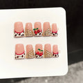 Faux ongles à pression Duck Moyen Beige Rosé French Léopard Cerises 3D - Faits main (Lot de 10)