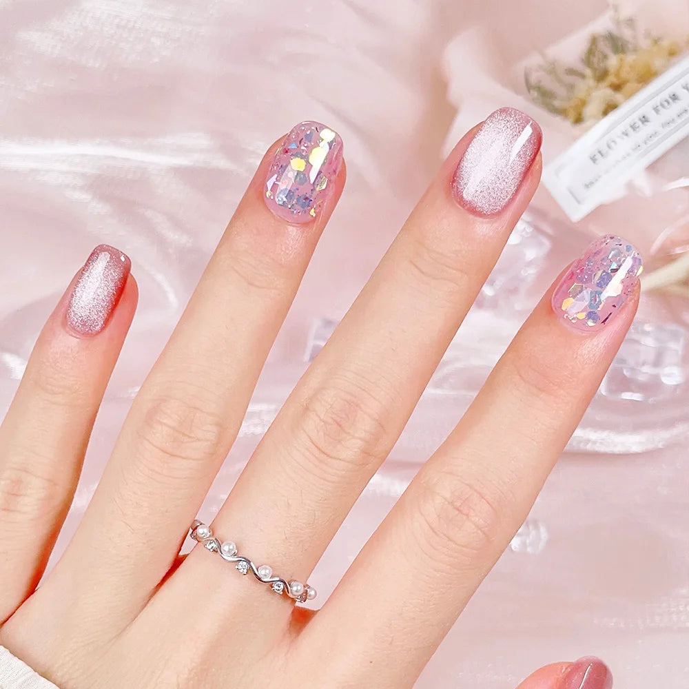 Faux ongles à pression Carrés - Rose Pailleté Holographique – Faits main (Lot de 10)