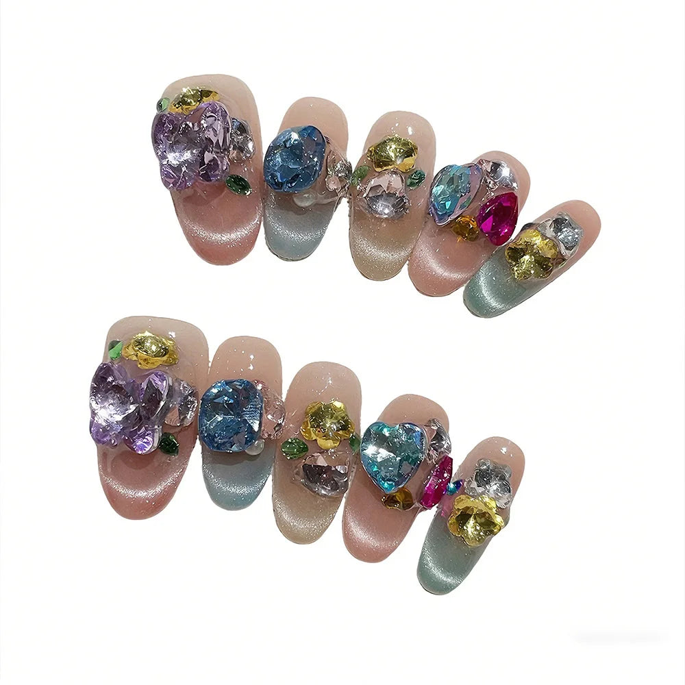 Faux ongles à pression Ovale Moyen Multicolore Candy Party Festif - Faits main (Lot de 10)