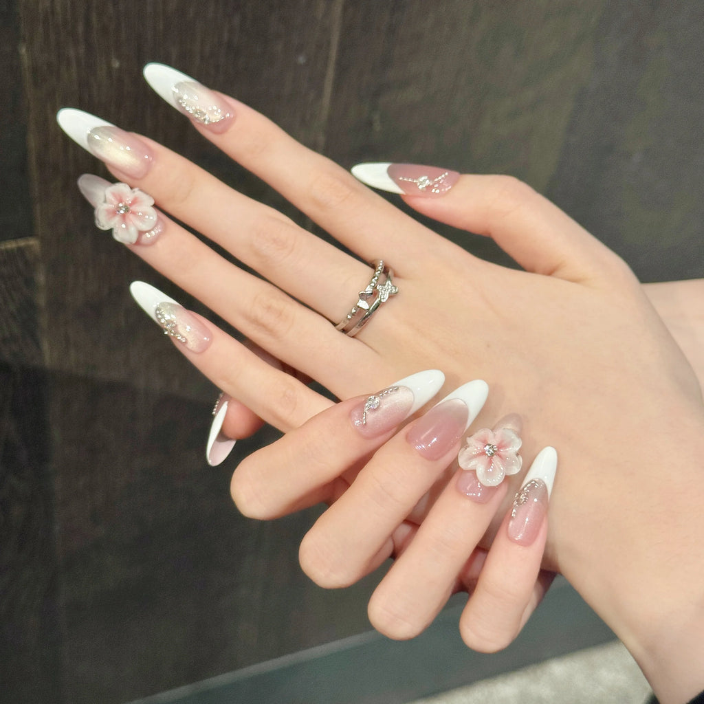 Faux ongles à pression Carré - Ovale Long French Sculptée 3D Œil de Chat - Faits main (Lot de 10)