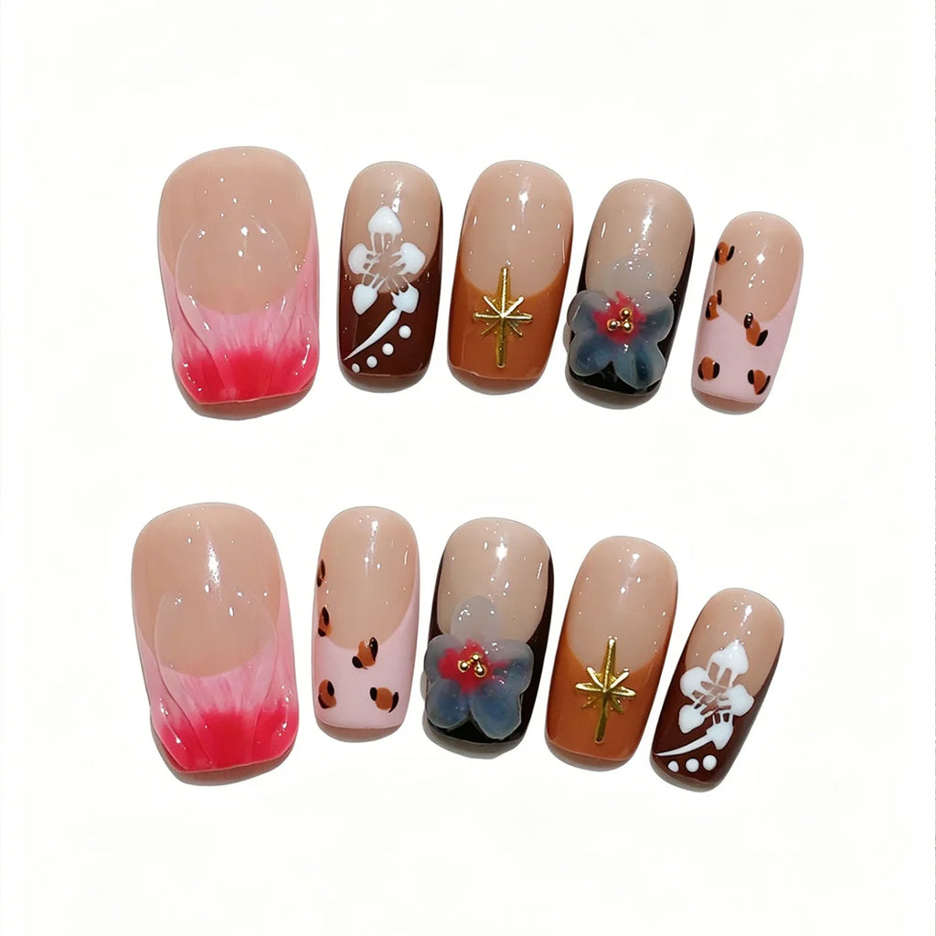 Faux ongles à pression Carré Moyen Multicolore Fleurs Sculptées Glamour - Faits main (Lot de 10)