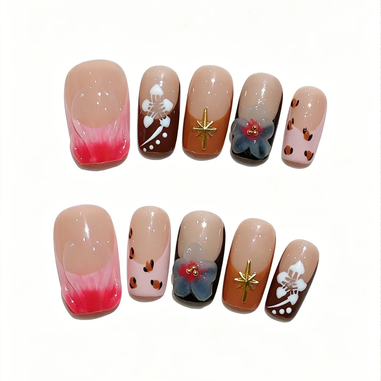 Faux ongles à pression Carré Moyen Multicolore Fleurs Sculptées Glamour - Faits main (Lot de 10)