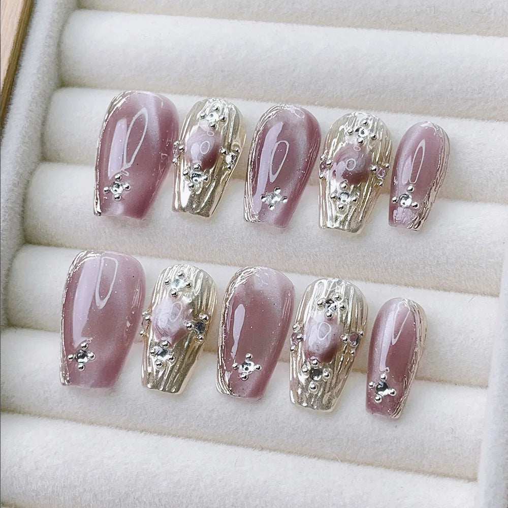 Faux ongles à pression Mauve Oeil de Chat Argenté – Ballerine - Faits main (Lot de 10)