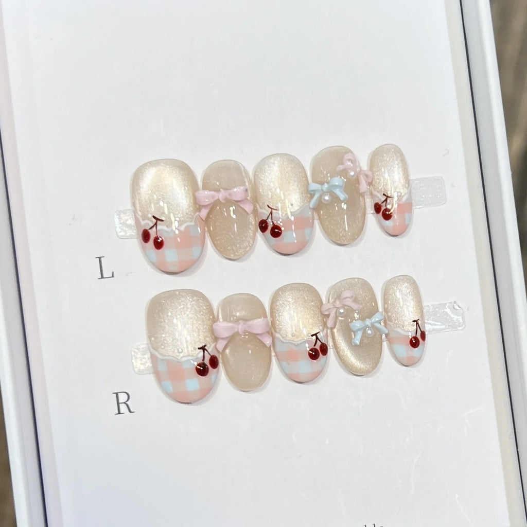 Faux ongles à pression Ovale Court Nœud Effet Miroir - Faits main (Lot de 10)