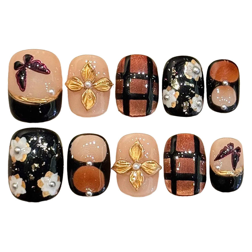Faux ongles à pression Ovale Court Carpes Koï Dorées Style Chinois - Faits main (Lot de 10)