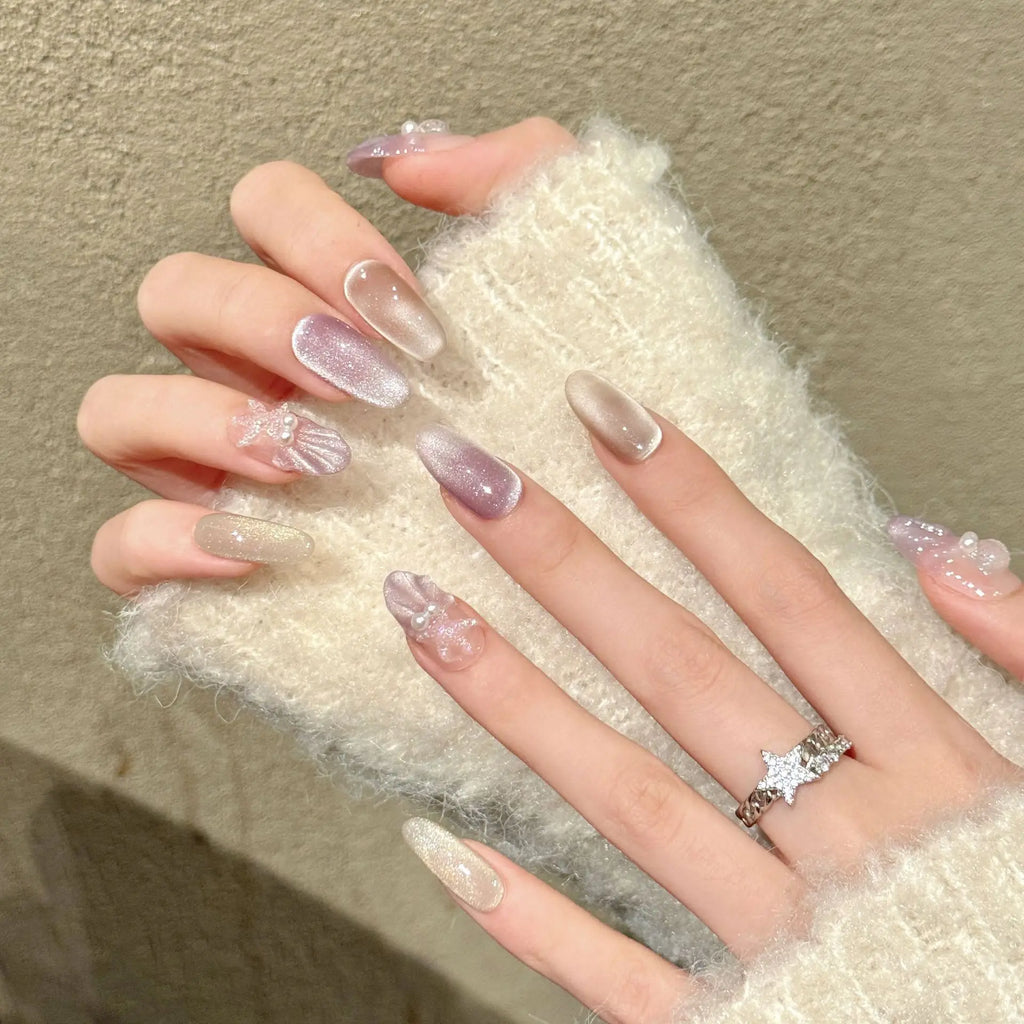 Faux ongles à pression Ovale Moyen Rose Violet Perle Blanc Féerique Romantique - Faits main (Lot de 10)