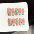 Faux ongles à pression Carré Moyen Rose Bleu Contraste Vent Océanique - Faits main (Lot de 10)