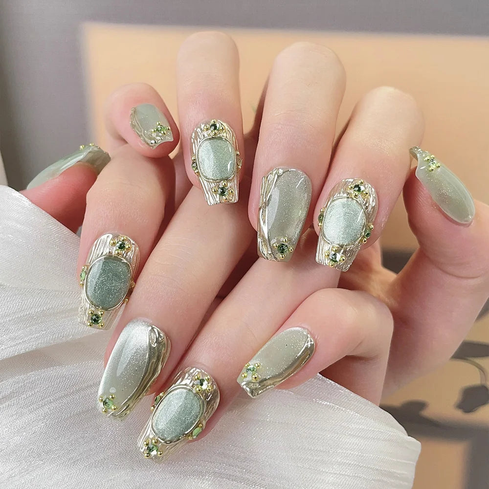 Faux ongles à pression Jade Vert Doré – Ballerine - Faits main (Lot de 10)