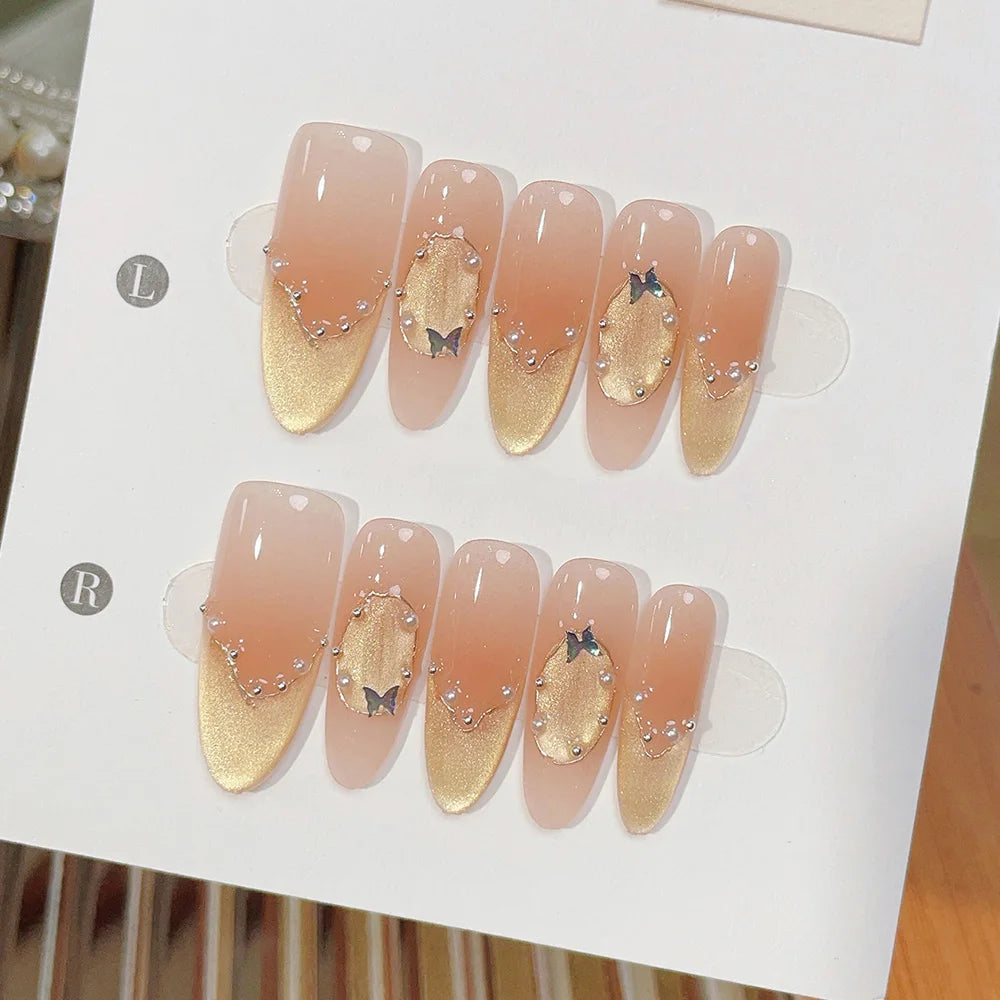 Faux ongles à pression Ovale Long Rose Doré Papillon Enivrant Noble - Faits main (Lot de 10)