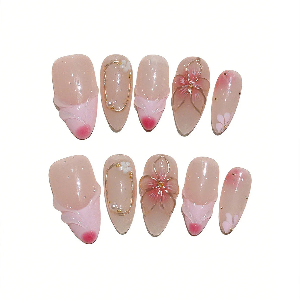 Faux ongles à pression en Amande Rose Fleur Dorée Strass – Faits main (Lot de 10)