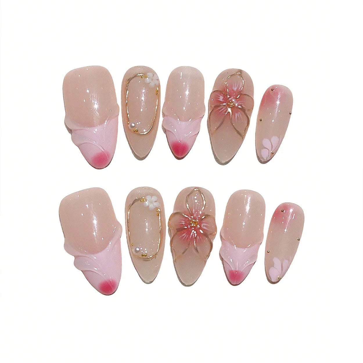 Faux ongles à pression en Amande Rose Fleur Dorée Strass – Faits main (Lot de 10)
