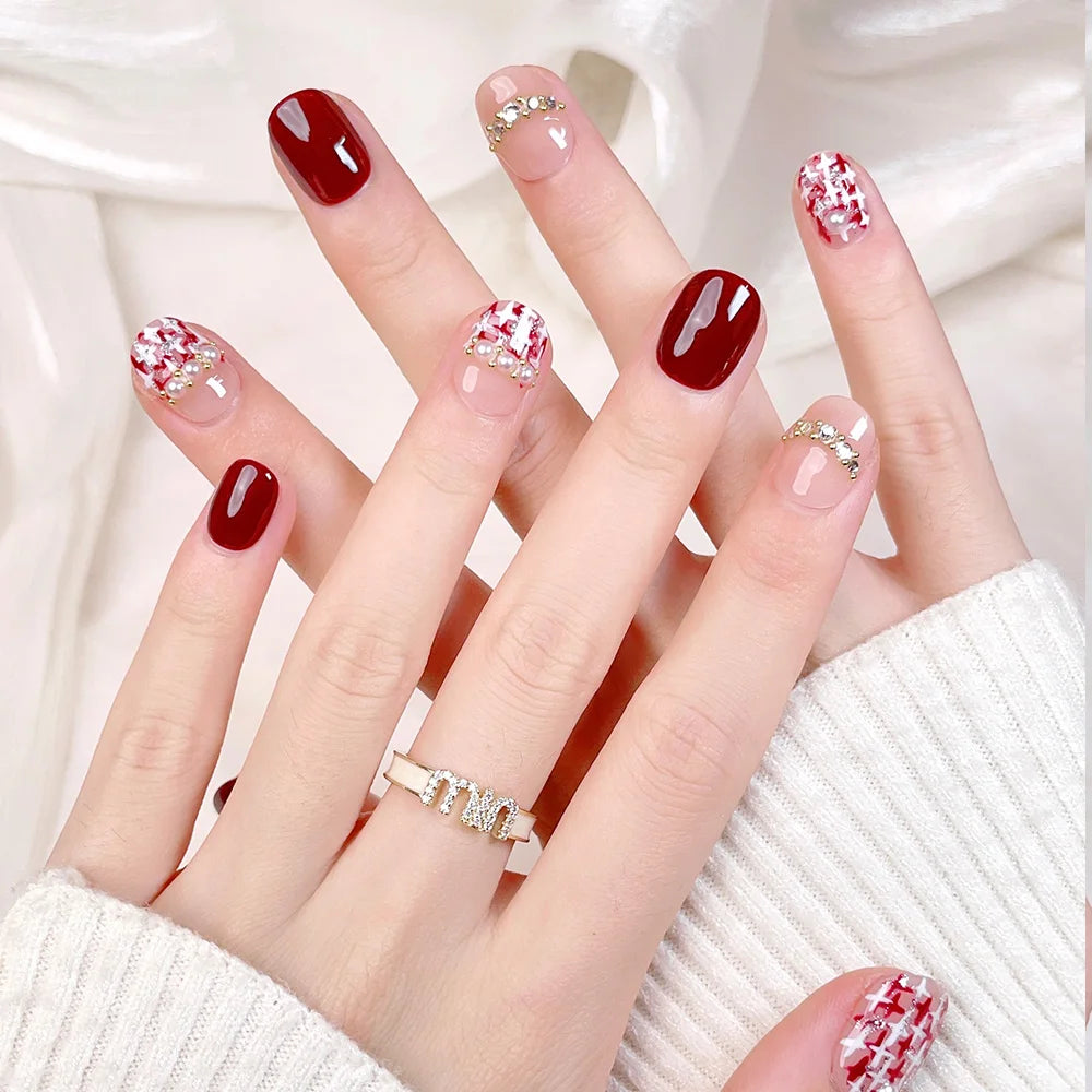 Faux ongles à pression - Carrés arrondie - Rouge Tweed Perle Strass – Faits main (Lot de 10)
