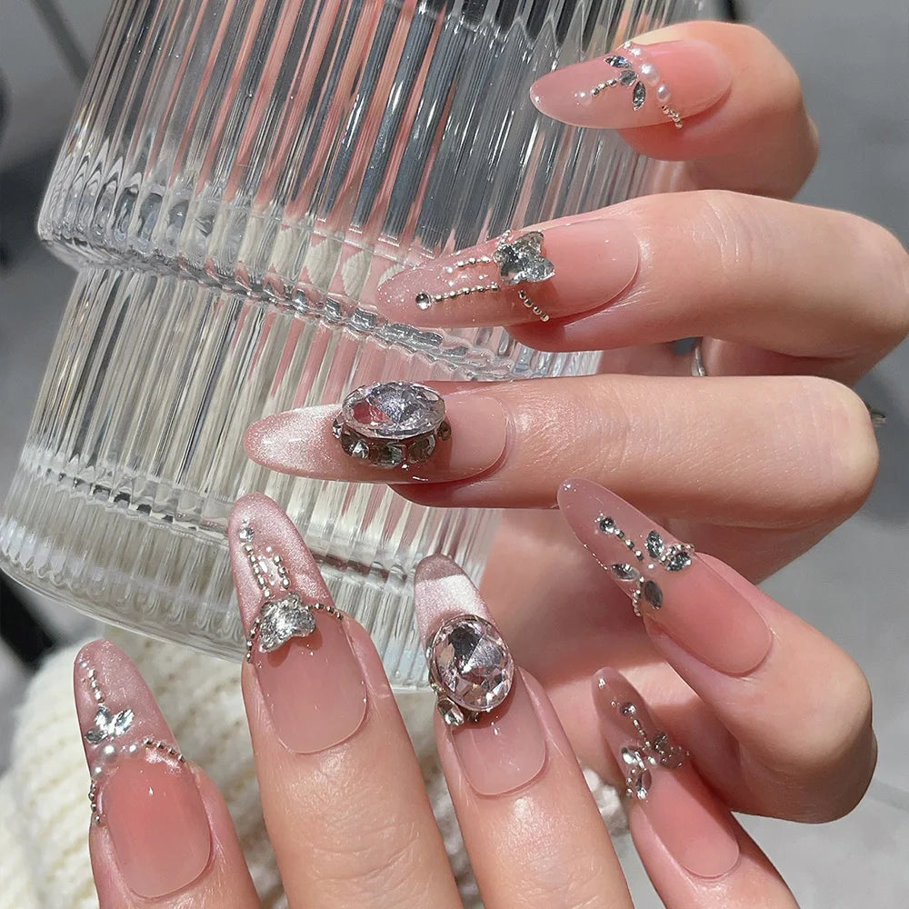 Faux ongles à pression en Amande - Rose Dégradé Strass Libellule – Faits main (Lot de 10)