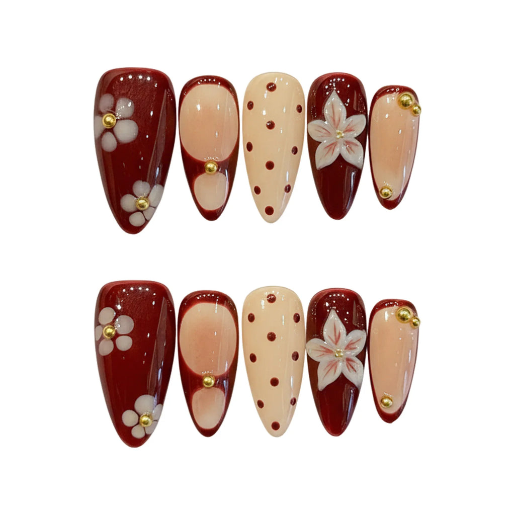 Faux ongles à pression Amande Bordeaux Pois Blancs Sculptés - Faits main (Lot de 10)